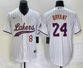 Mens Los Angeles Lakers #8 #24 Kobe Bryant White Pinstripe With Patch Cool Base Stitched Baseball Jersey